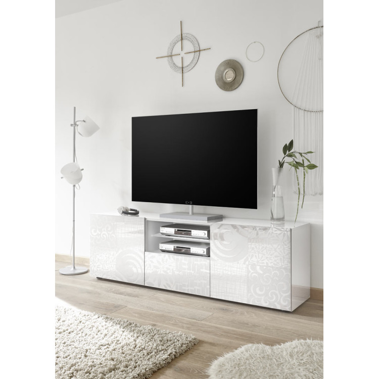 Meuble TV moderne 181 cm laqué blanc brillant Orlane