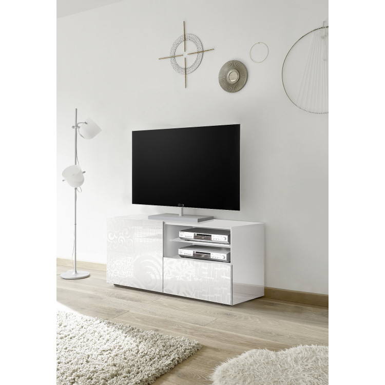 Meuble TV moderne 122 cm laqué blanc brillant Orlane