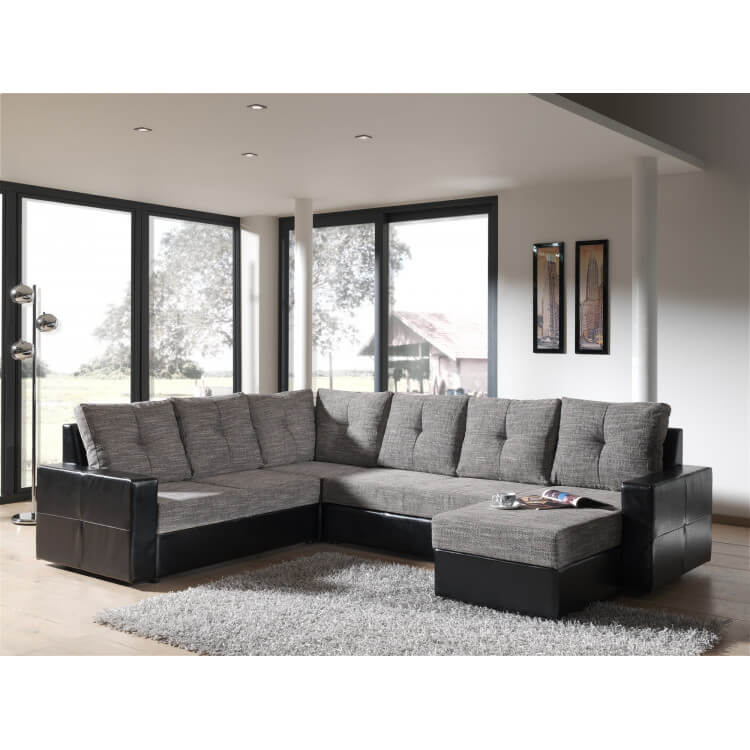 Canapé d'angle convertible contemporain en tissu noir/gris Valeria