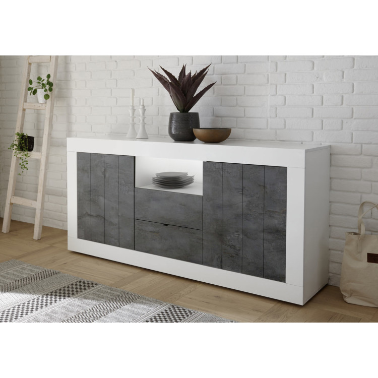 Buffet/bahut contemporain 184 cm blanc laqué/oxyde Luciana