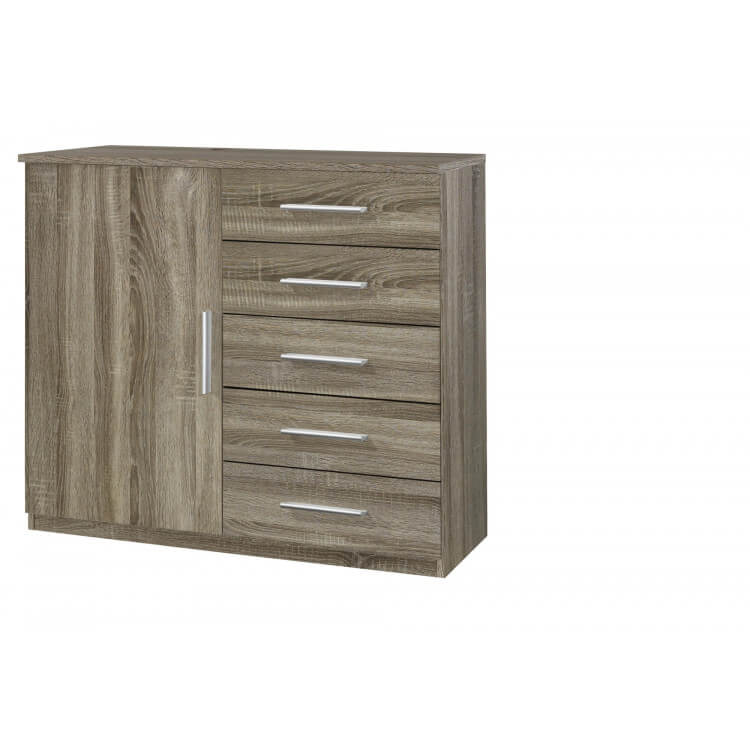 Commode contemporaine 1 porte/5 tiroirs chêne havana Maine