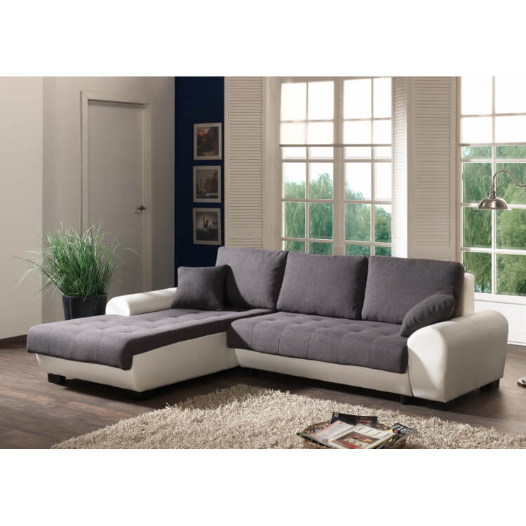 Canapé d'angle contemporain convertible en tissu coloris gris/blanc Iseult