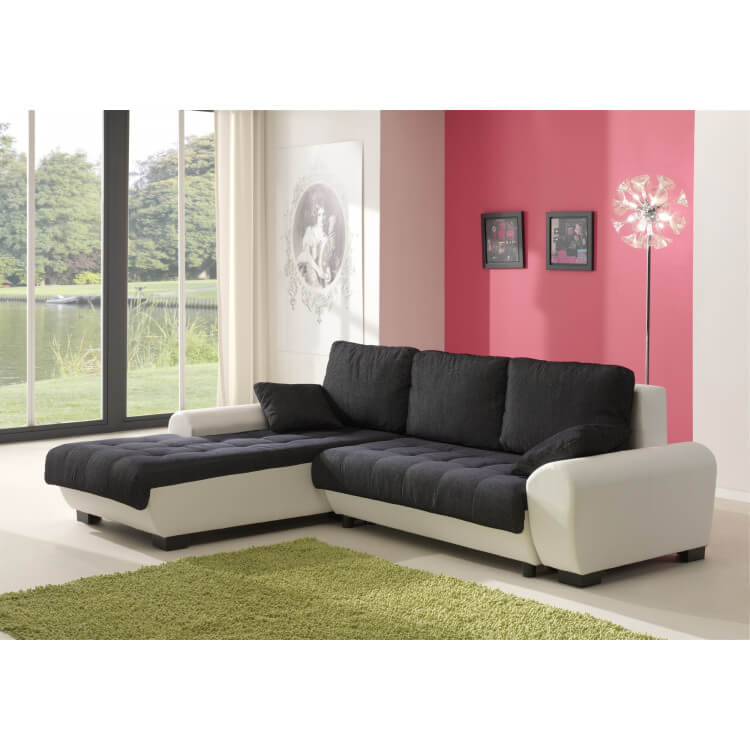 Canapé d'angle contemporain convertible en tissu coloris noir/blanc Iseult