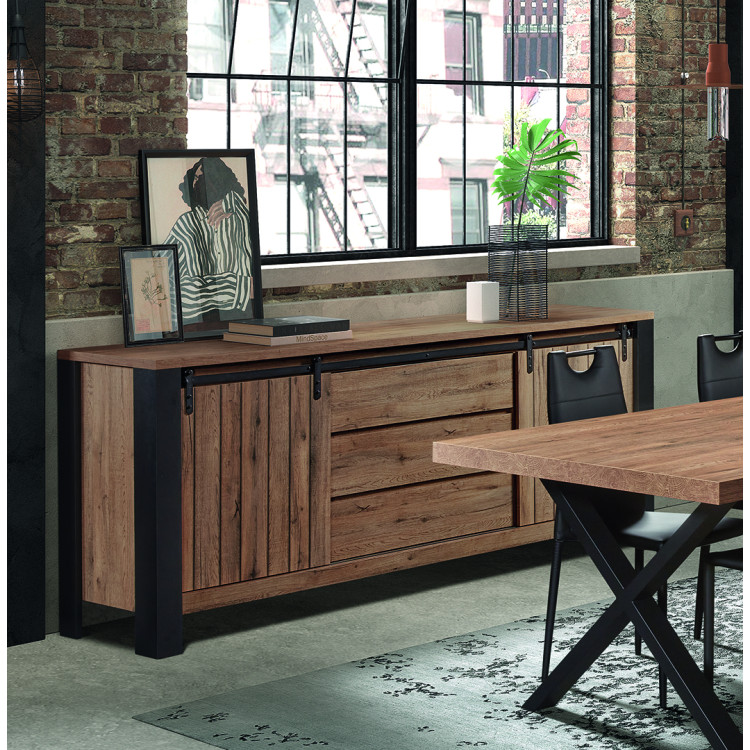 Buffet/bahut industriel 220 cm chêne/noir Simeo