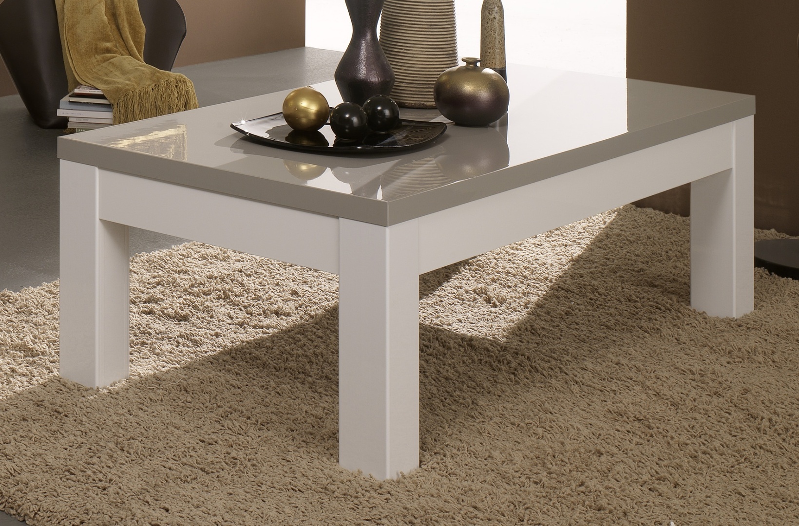 Table basse rectangulaire design laquée blanche et grise Jewel