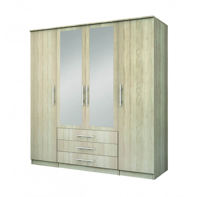 Armoire contemporaine 4 portes/3 tiroirs chêne clair Vickie