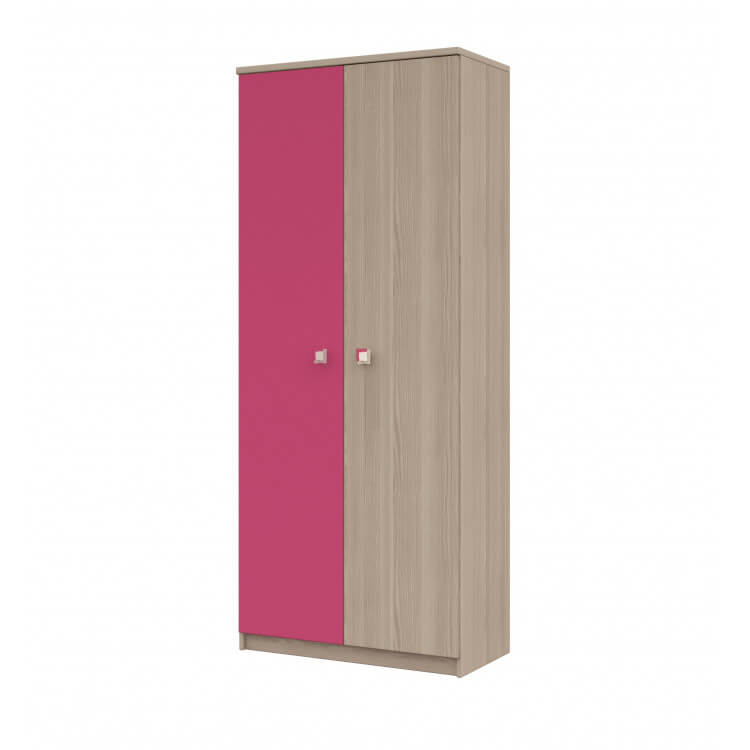 Armoire contemporaine 2 portes chêne cendré/rose Mika