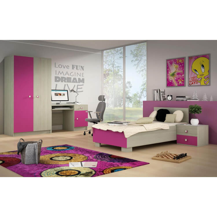 Chambre enfant complète contemporaine chêne cendré/rose Mika