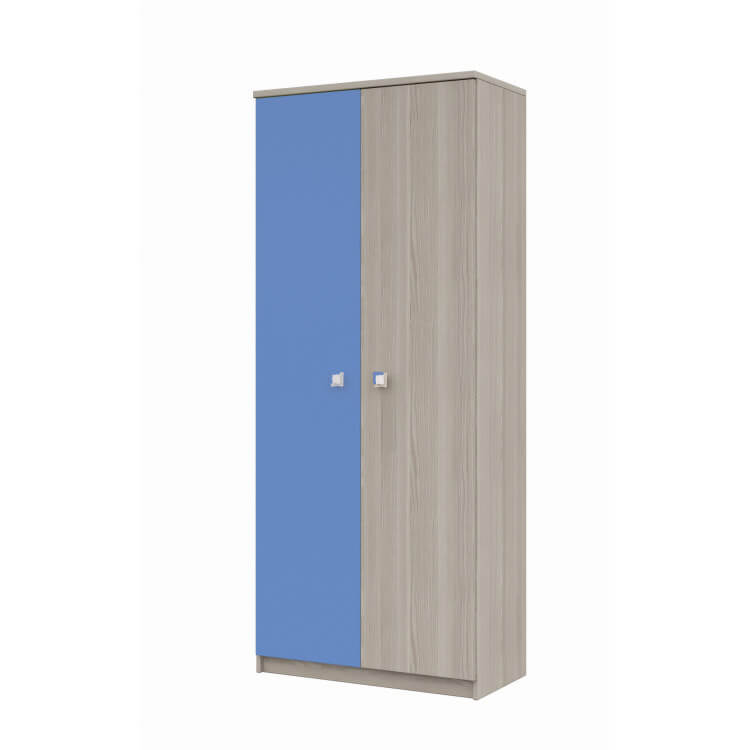 Armoire contemporaine 2 portes chêne cendré/bleu Mika