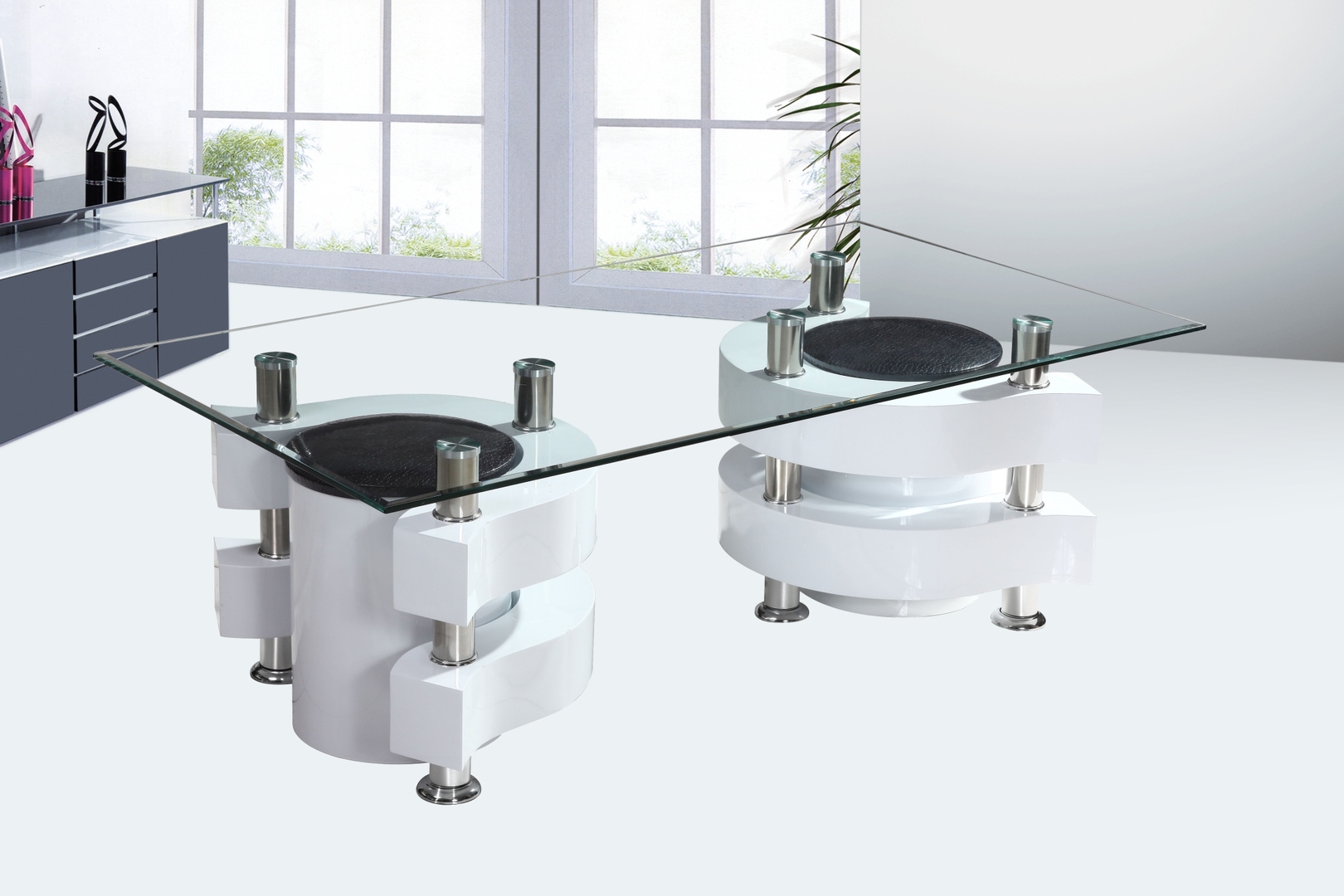 Blanche Table Avec Design Laquée Poufs En Basse Verre Florie Lc3Rj54Aq