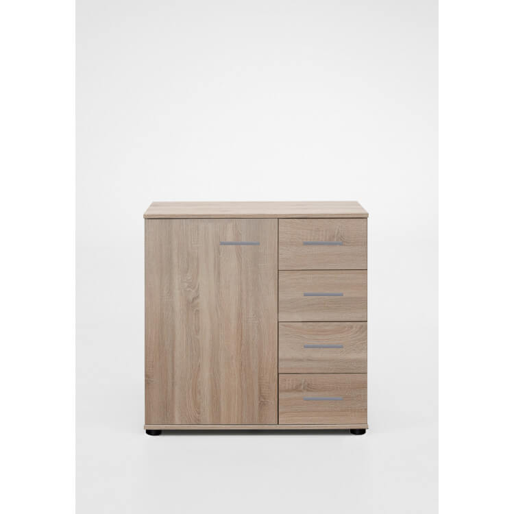 Commode contemporaine 1 porte/4 tiroirs coloris chêne clair Madox