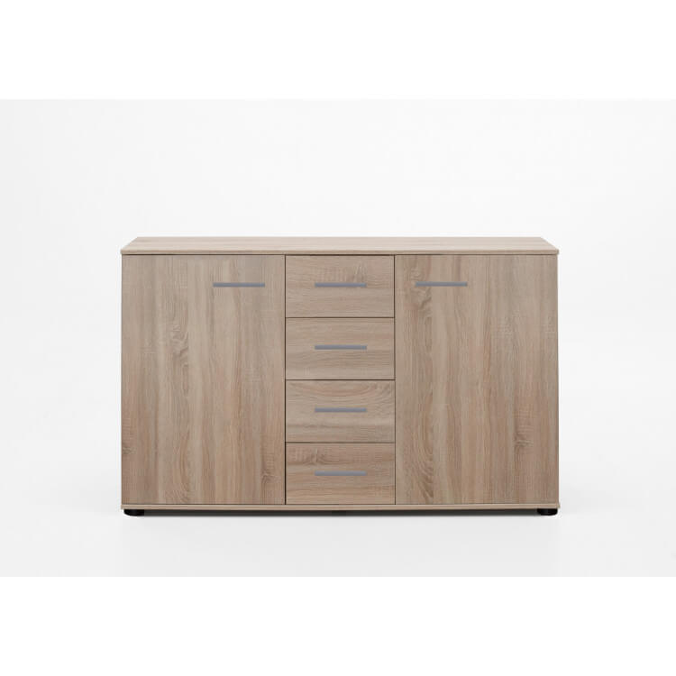 Commode contemporaine 2 portes/4 tiroirs coloris chêne clair Madox