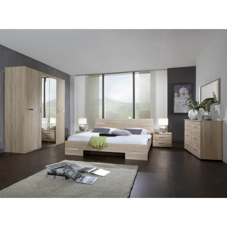 Chambre adulte complète contemporaine chêne/chrome brillant Anabelle