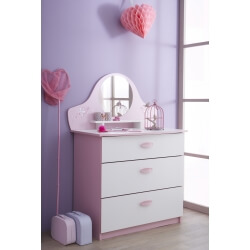 Commode enfant contemporaine 3 tiroirs avec miroir blanche et rose Melusine