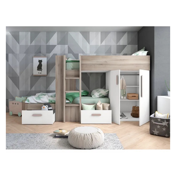 Lit superposé enfant moderne chêne/blanc Lupy