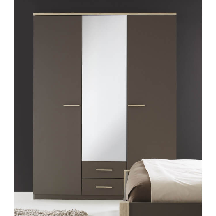 Armoire contemporaine 3 portes avec miroir chêne brossé/lave Solena