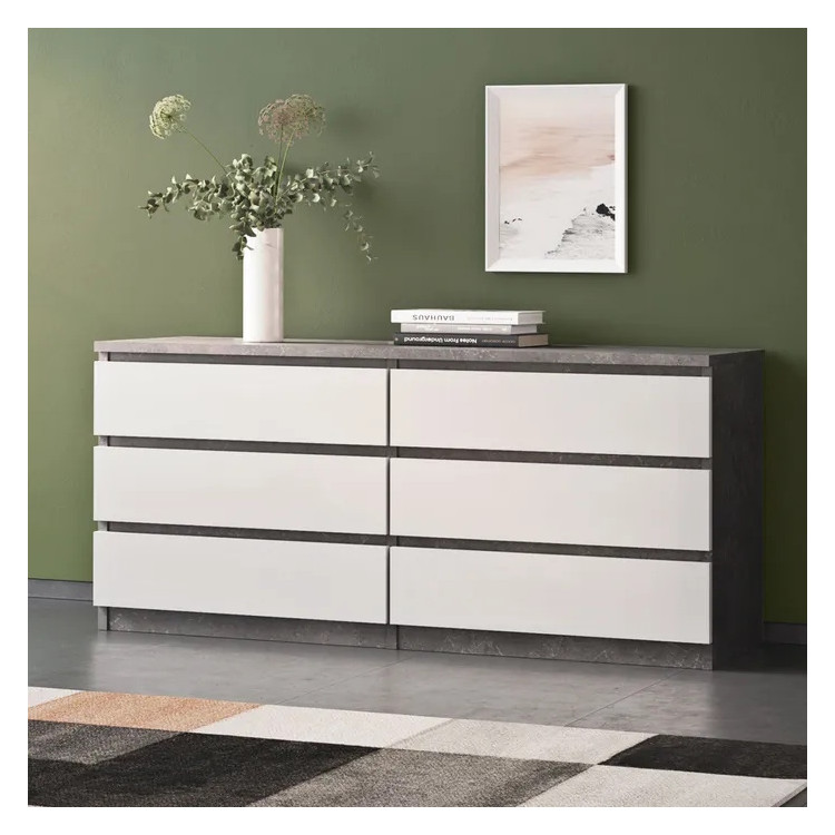 Commode contemporaine 6 tiroirs béton/blanc brillant Best