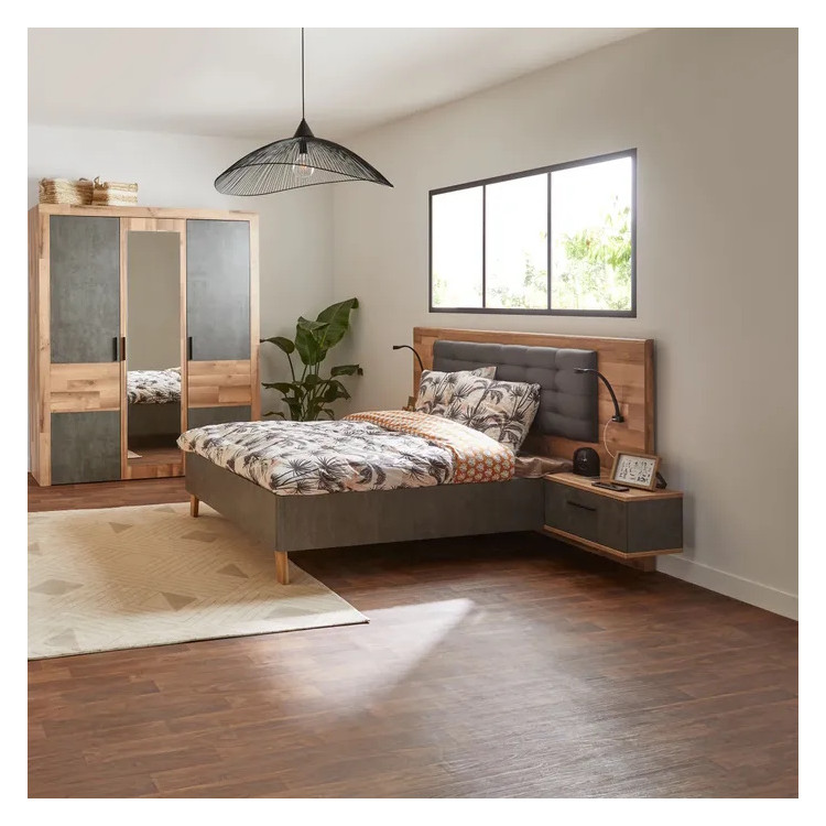 Lit avec chevets moderne 140x190 cm chêne/gris Ricciano