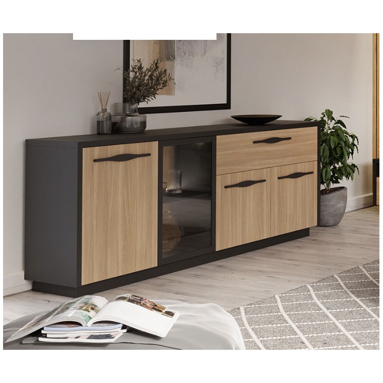 Buffet/bahut moderne 220 cm chêne/noir Marausa