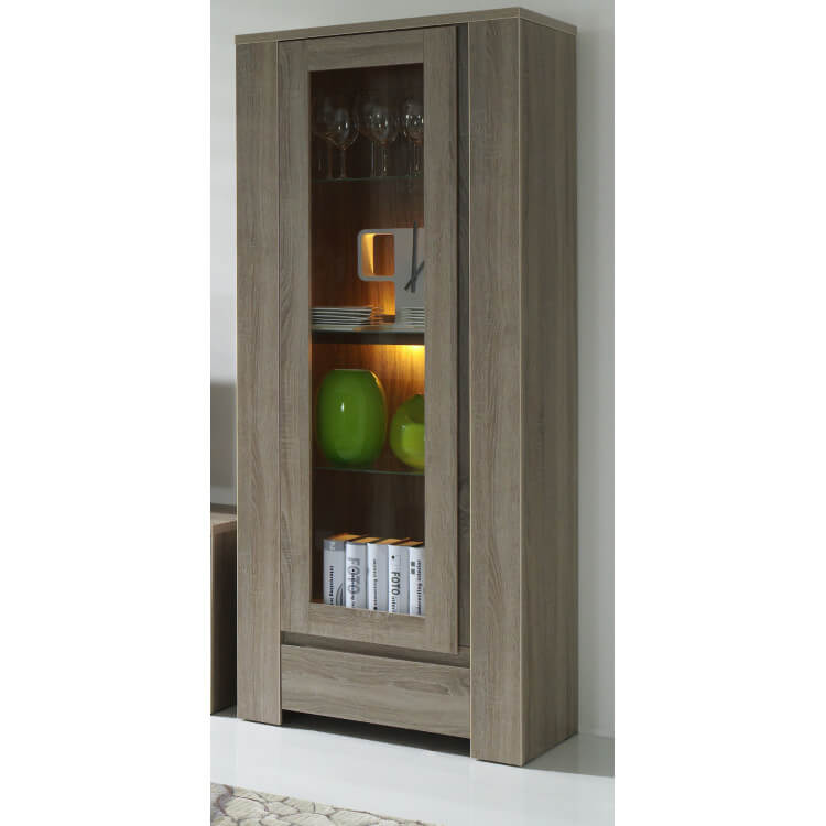 Vitrine contemporaine 1 porte chêne truffe Indra