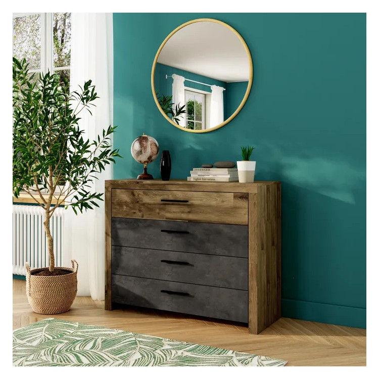 Commode moderne 4 tiroirs chêne/gris Ricciano