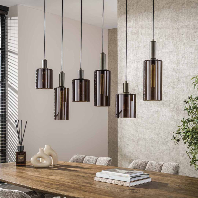 Suspension moderne 6 lampes en verre brun Sepia