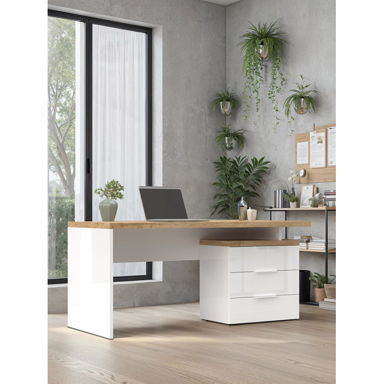 Bureau droit moderne avec caisson blanc laqué/chêne Daisy