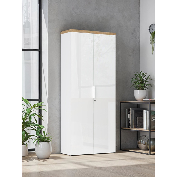 Armoire de bureau moderne H 190 cm blanc laqué/chêne Daisy