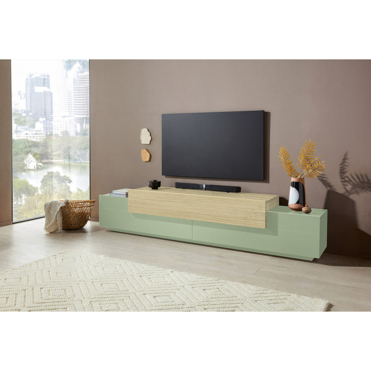 Meuble TV moderne 240 cm vert sauge/chêne Corso