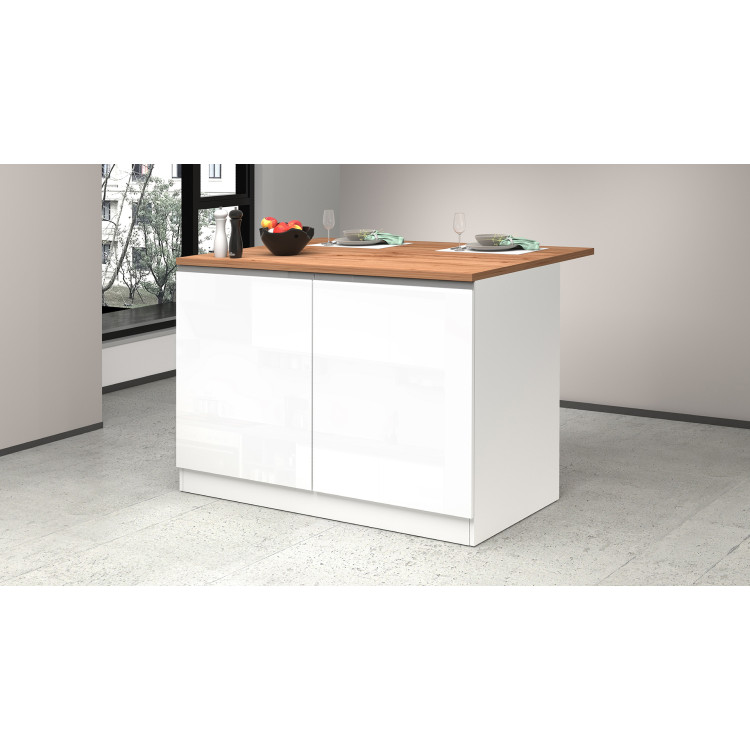 Ilot de cuisine moderne 125 cm blanc brillant/chêne wotan Solena