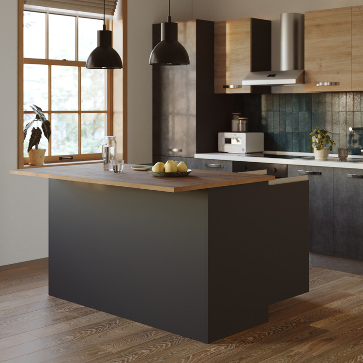 Ilot de cuisine moderne 155 cm anthracite mat/chêne wotan Solena