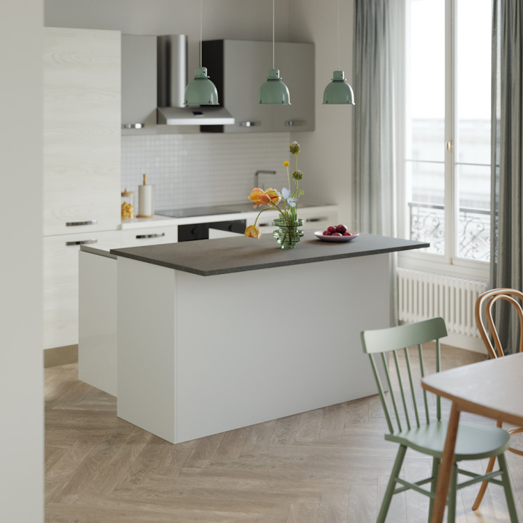 Ilot de cuisine moderne 155 cm blanc brillant/béton Solena