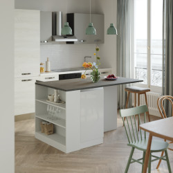 Ilot de cuisine moderne 160 cm blanc brillant/béton Solena