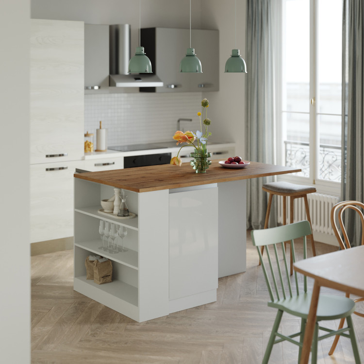 Ilot de cuisine moderne 160 cm blanc brillant/chêne wotan Solena