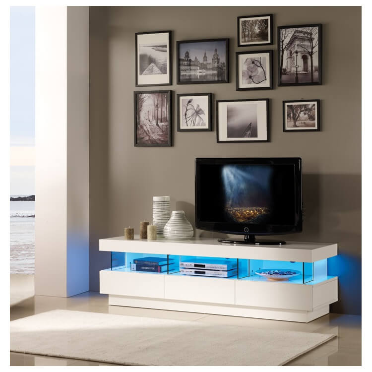 Meuble TV design 3 tiroirs blanc laqué Loane