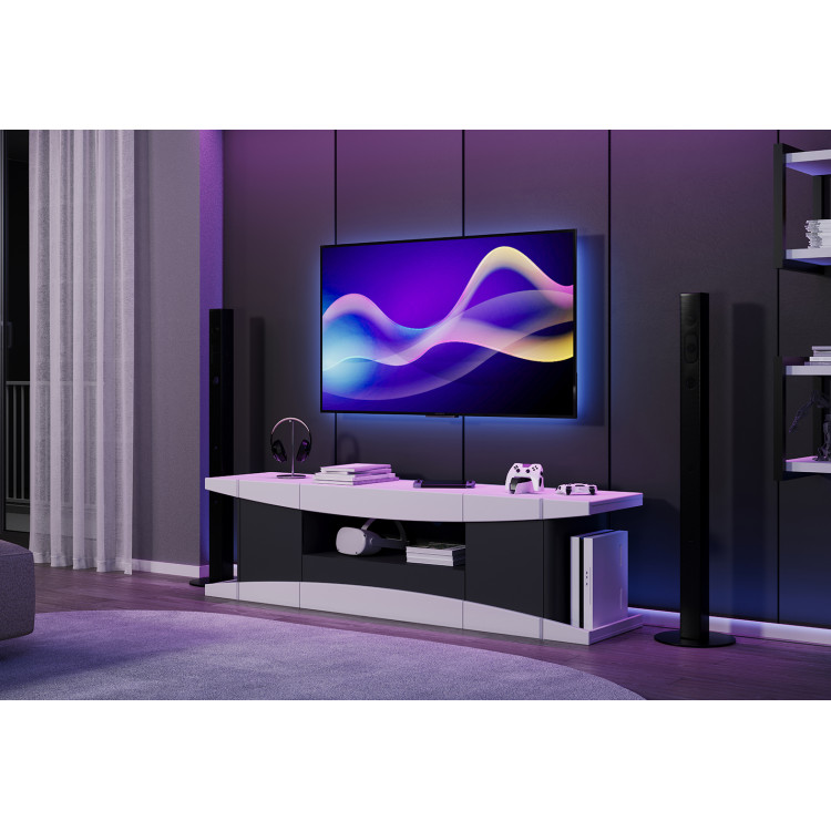Meuble TV moderne 180 cm laqué mat blanc/noir Lorie