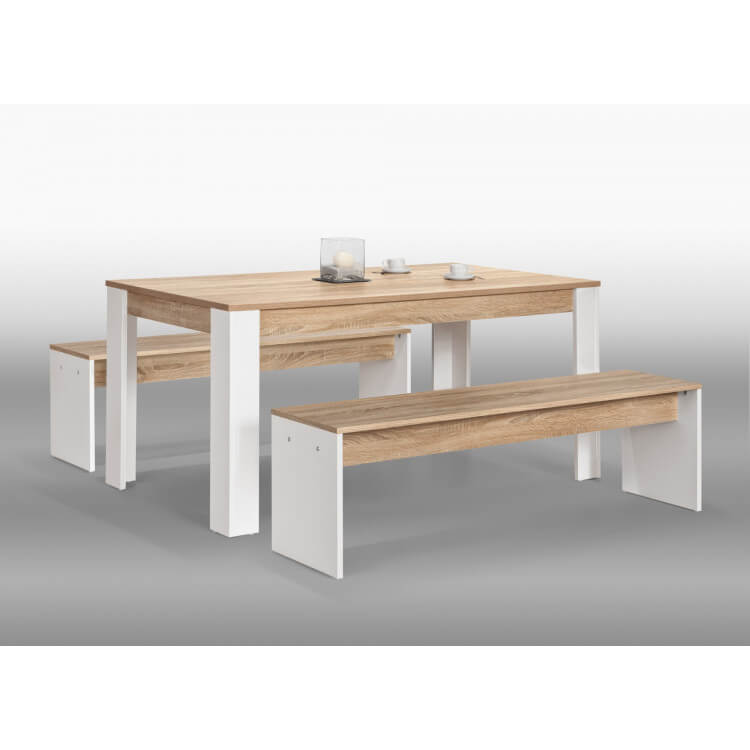 Ensemble table et bancs contemporain chêne sonoma/blanc Kana