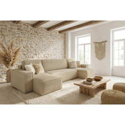 Canapé panoramique convertible en velours côtelé beige Anna