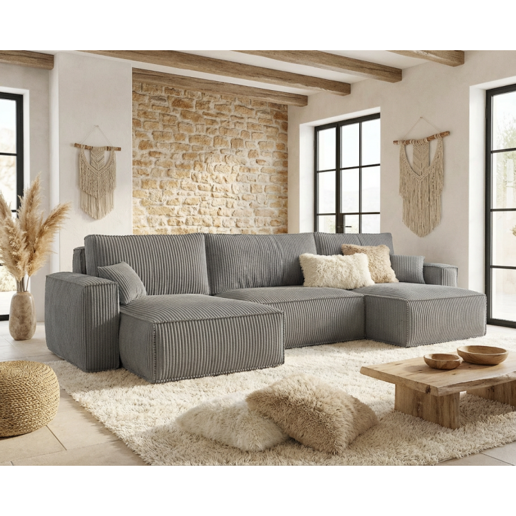 Canapé panoramique convertible en velours côtelé gris Anabella