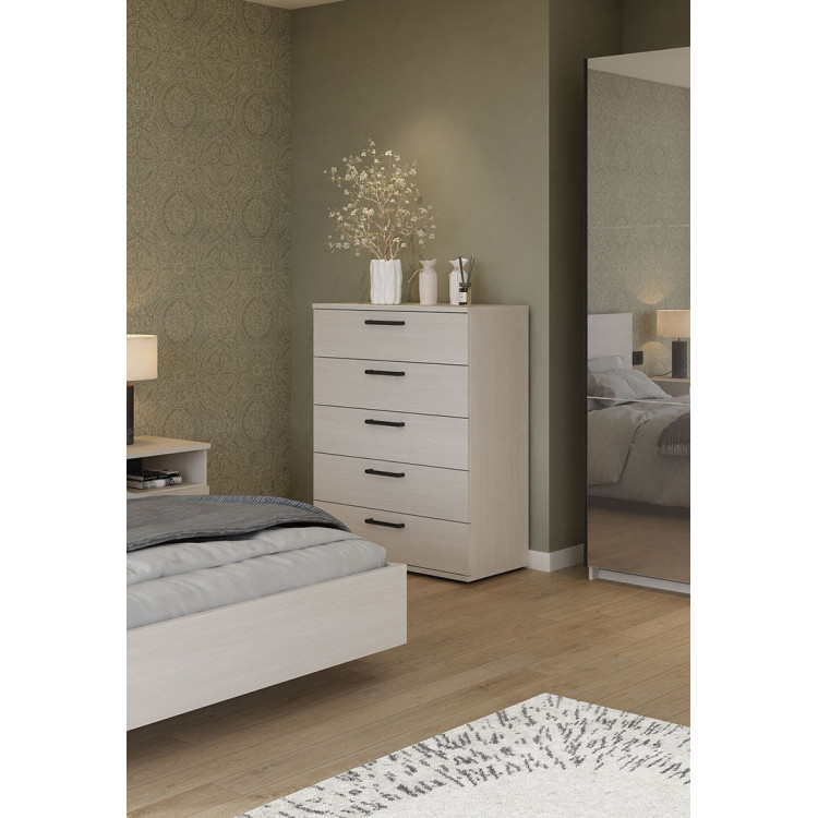 Commode haute contemporaine 5 tiroirs chêne clair Lolita