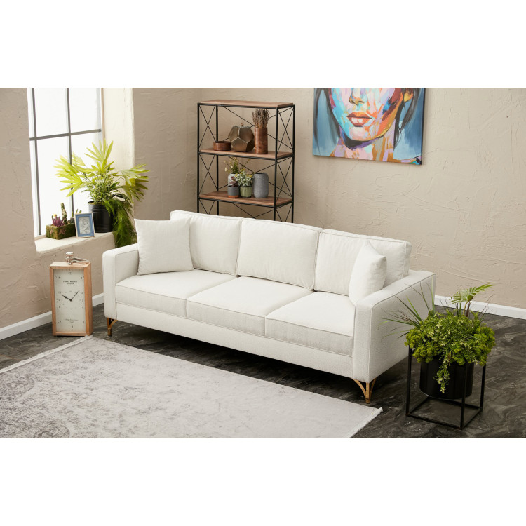 Canapé droit fixe moderne 3 places en tissu crème Paula