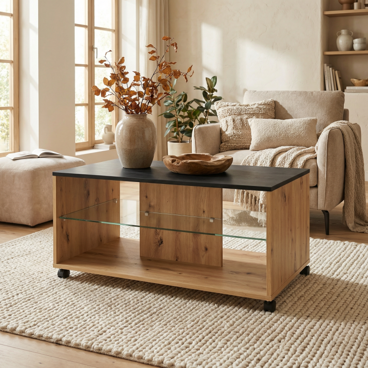 Table basse rectangulaire moderne mobile chêne/noir Bert