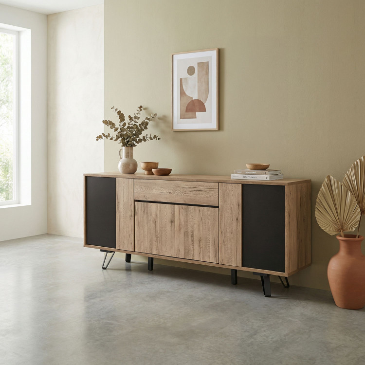 Buffet/bahut industriel 220 cm chêne/noir Nixon