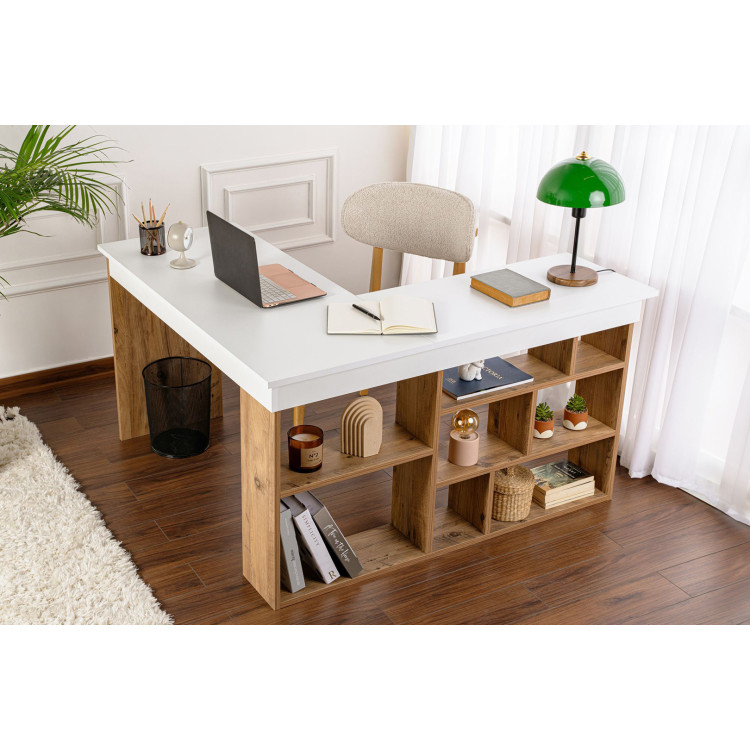 Bureau d'angle informatique contemporain blanc/pin atlantic Elly