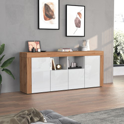 Buffet/bahut contemporain 200 cm blanc brillant/chêne wotan Neros