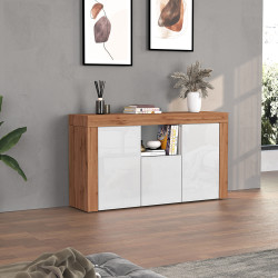 Buffet/bahut contemporain 155 cm blanc brillant/chêne wotan Neros
