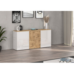 Buffet/bahut moderne 150 cm blanc brillant/chêne wotan Isayane