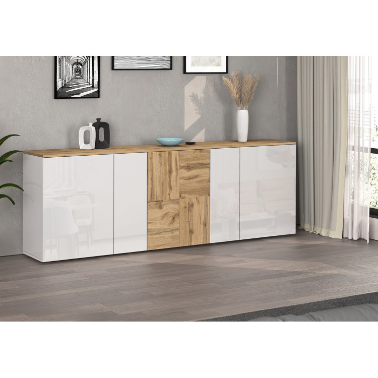 Buffet/bahut moderne 200 cm blanc brillant/chêne wotan Isayane