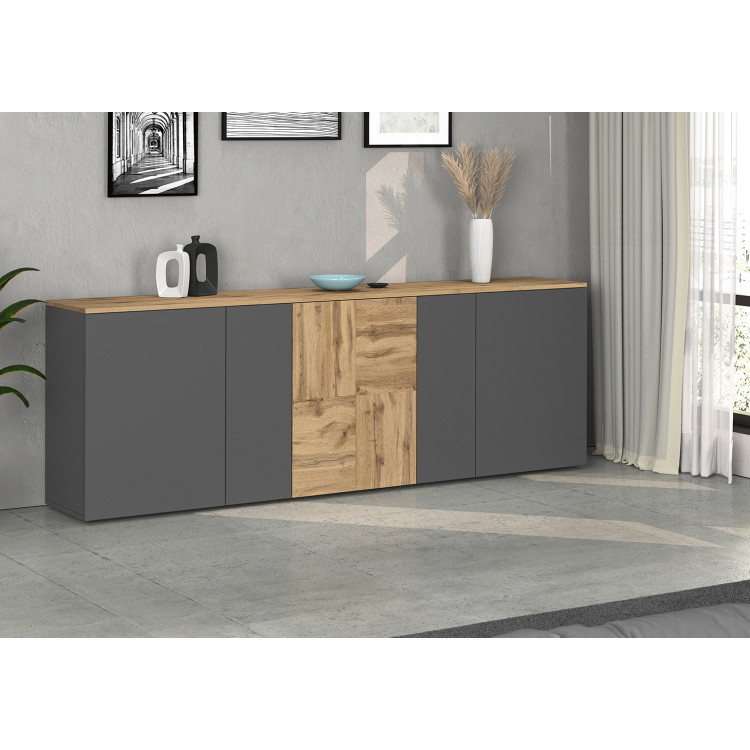 Buffet/bahut moderne 200 cm anthracite mat/chêne wotan Isayane