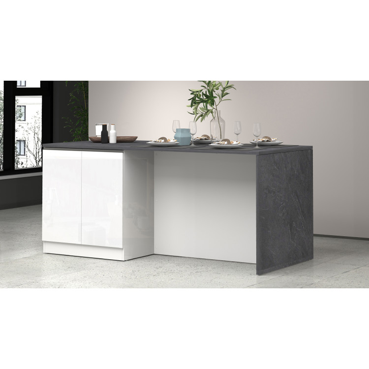 Îlot de cuisine moderne 4 portes blanc brillant/gris béton Solena